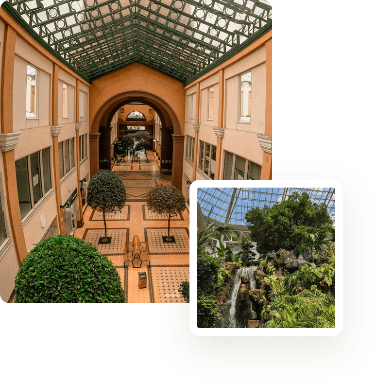 A picture of an indoor garden and a photo of the inside of a building.